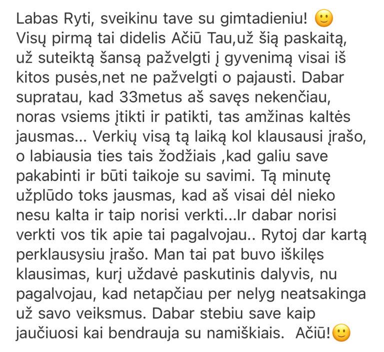 Dalyvio atsiliepimas apie pasitikėjimo savimi paskaitą